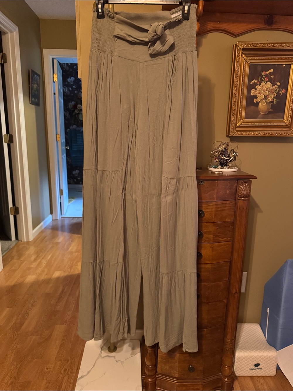 SHEIN Olive Green Wide Leg High-Waist Pants with Tie Detail